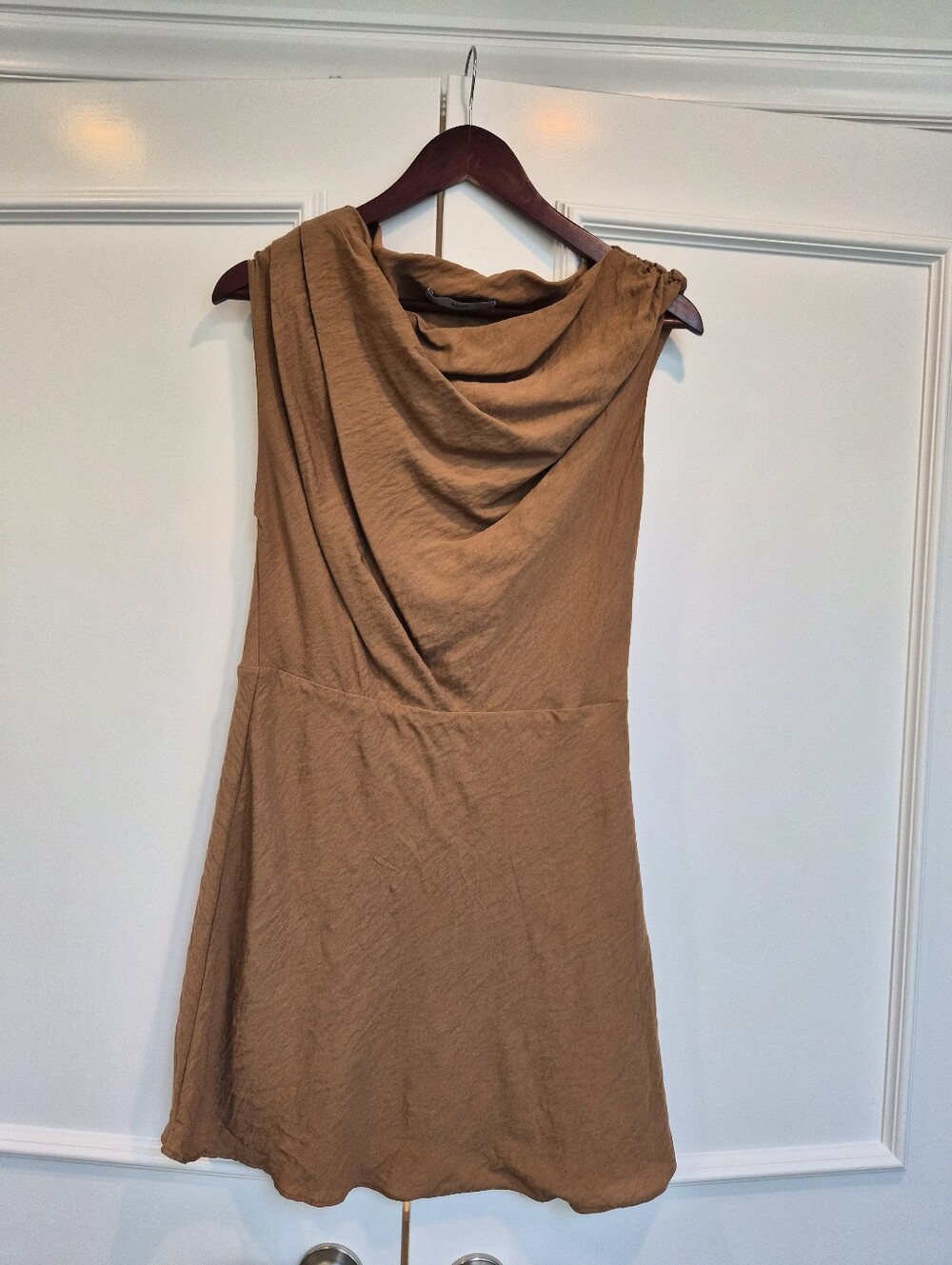 Mango Sleeveless Cowl Neck Dress in Camel Brown